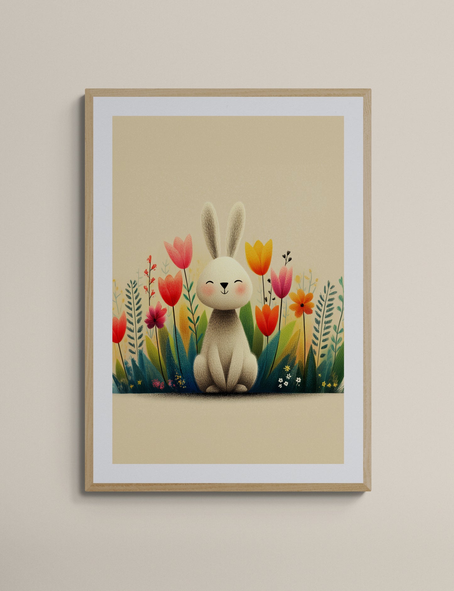 Smiling Bunny Among Wildflowers – Minimalist Nursery Wall Art Print in Soft Beige and Pastel Tones