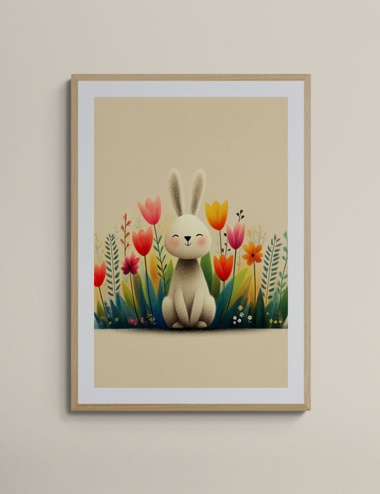 Smiling Bunny Among Wildflowers – Minimalist Nursery Wall Art Print in Soft Beige and Pastel Tones
