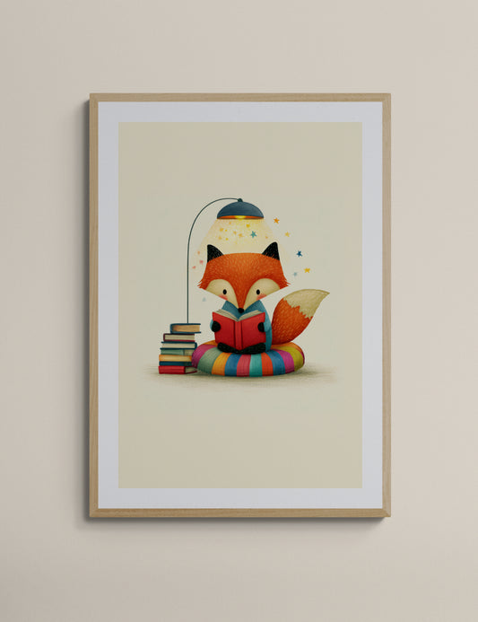 Reading Fox Under Cozy Lamp Whimsical Animal Illustration for Nursery and Kids Room