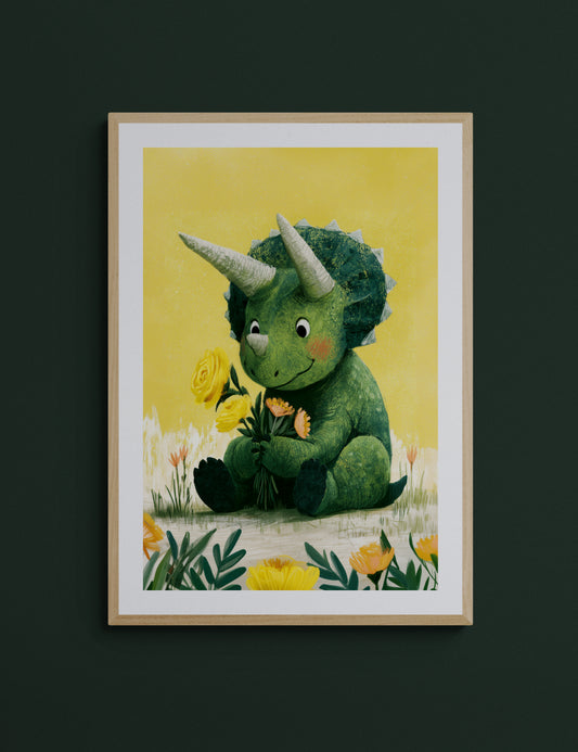 Sweet Green Dinosaur with Yellow Flowers – Whimsical Nursery Illustration on Sunny Yellow Background