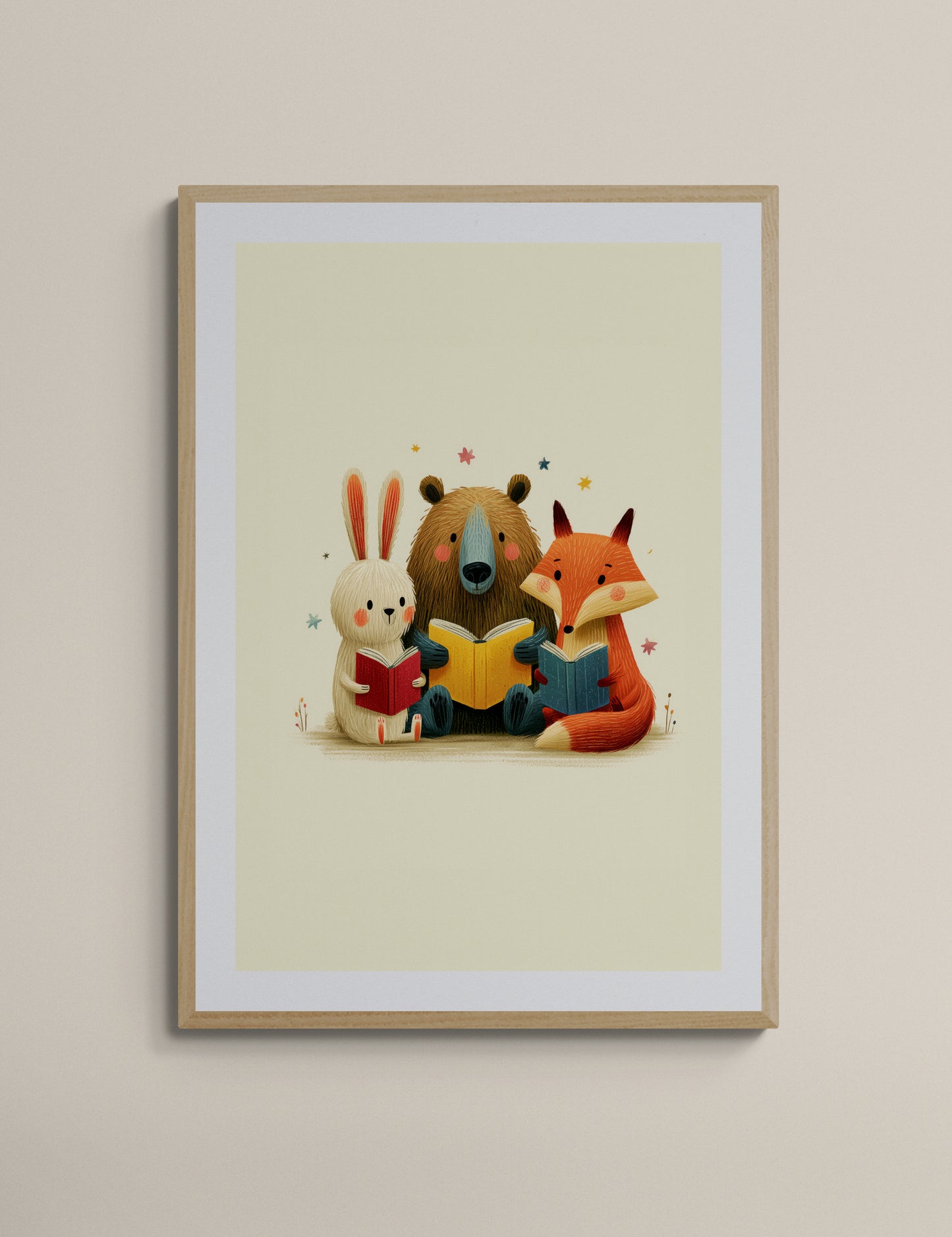 Storytime Forest Friends Minimalist Animal Illustration for Nursery and Kids Room with Fox Bear and Bunny Reading Books