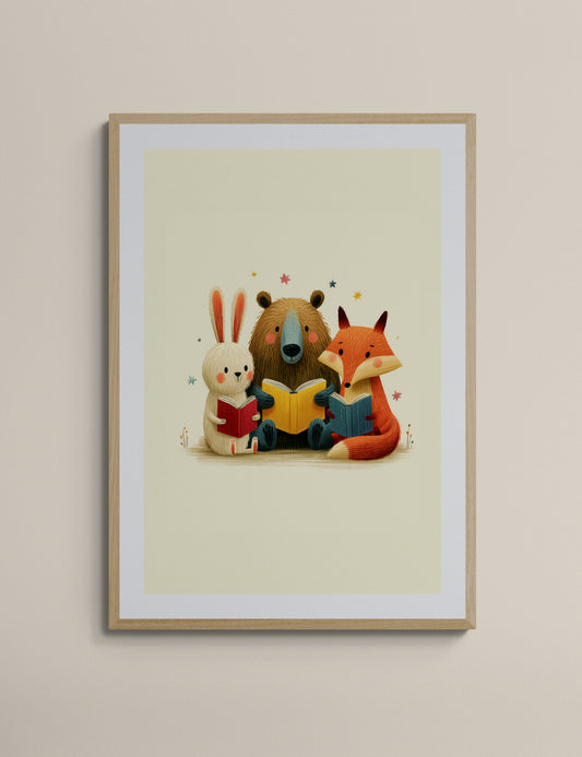 Storytime Forest Friends Minimalist Animal Illustration for Nursery and Kids Room with Fox Bear and Bunny Reading Books