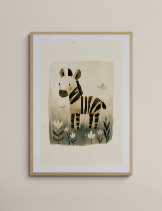 Whimsical Zebra in Wildflower Meadow - Minimalist Nursery Animal Illustration in Soft Neutrals
