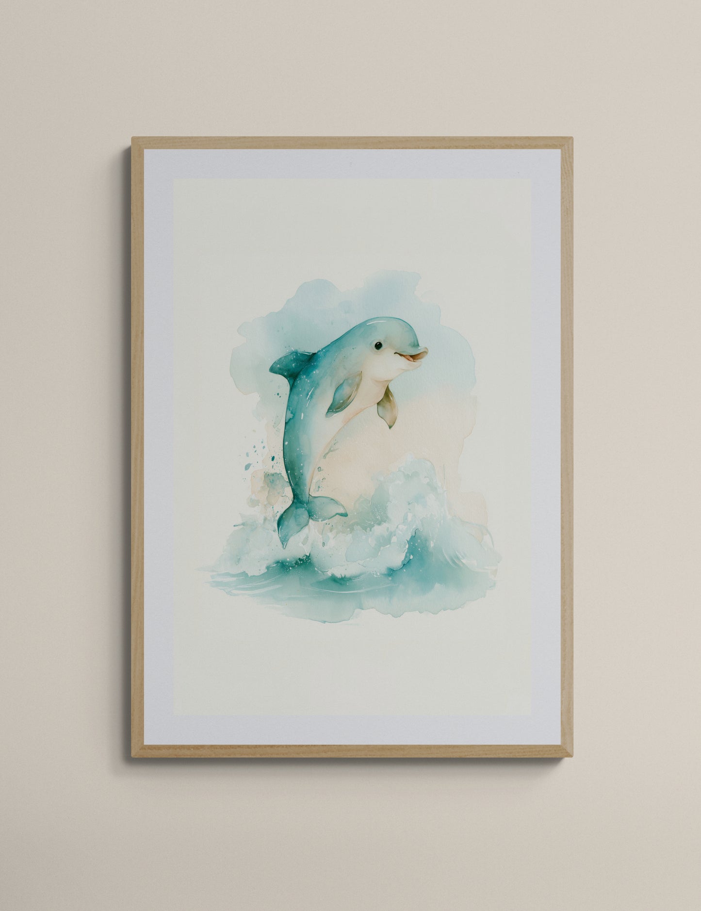 Playful Dolphin Splash Watercolor – Whimsical Ocean Nursery Wall Art in Soft Blue and Seafoam