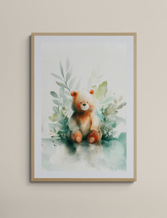 Botanical Teddy Bear – Soft Digital Watercolor Nursery Wall Art in Sage Green and Peach