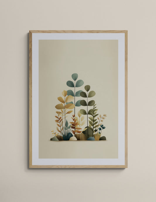 Minimal Botanical Leaves Nursery Wall Art, Scandinavian Nature Print, Neutral Green Mustard Kids Room Decor