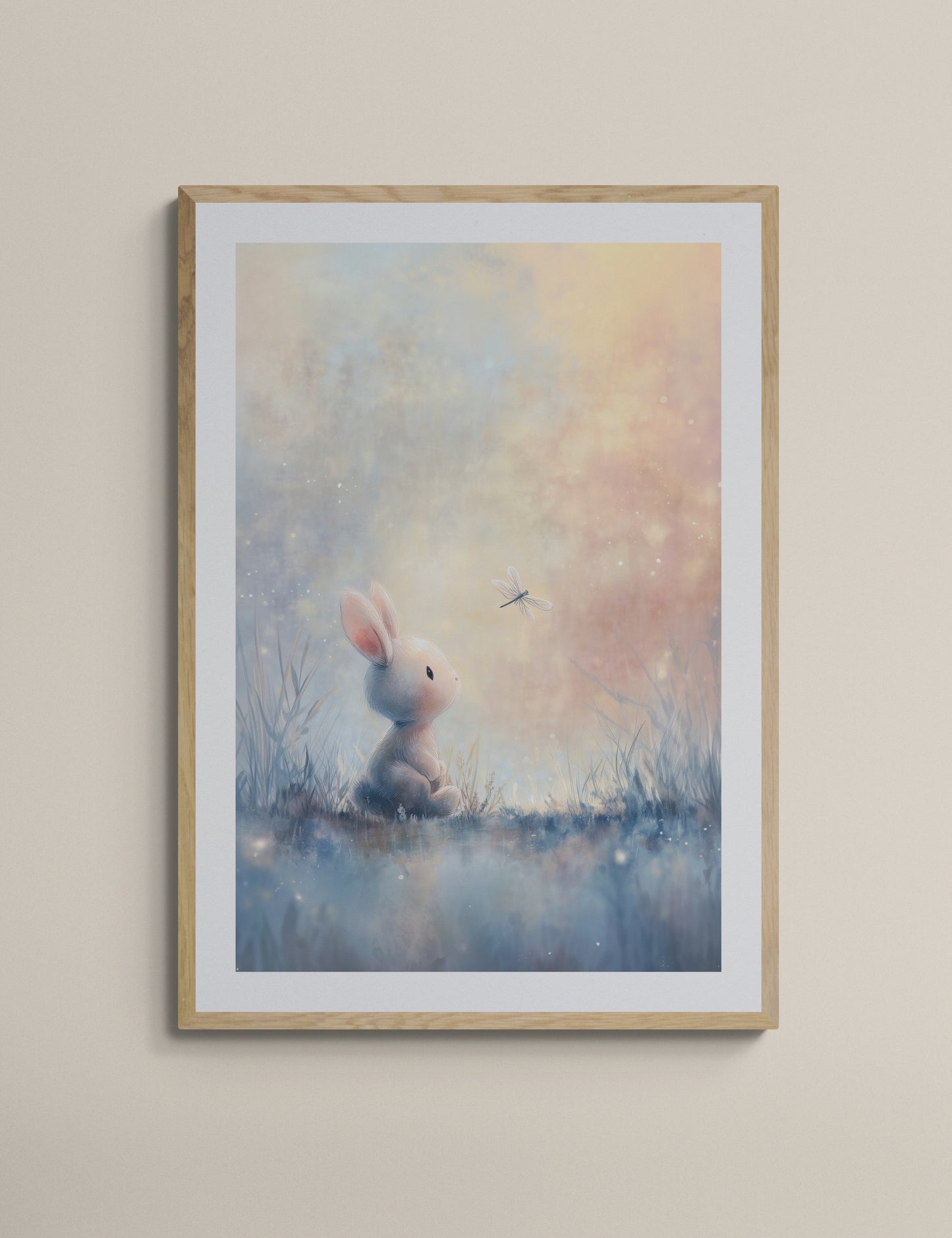 Dreamy Bunny and Dragonfly Meadow - Whimsical Pastel Digital Painting Nursery Wall Art
