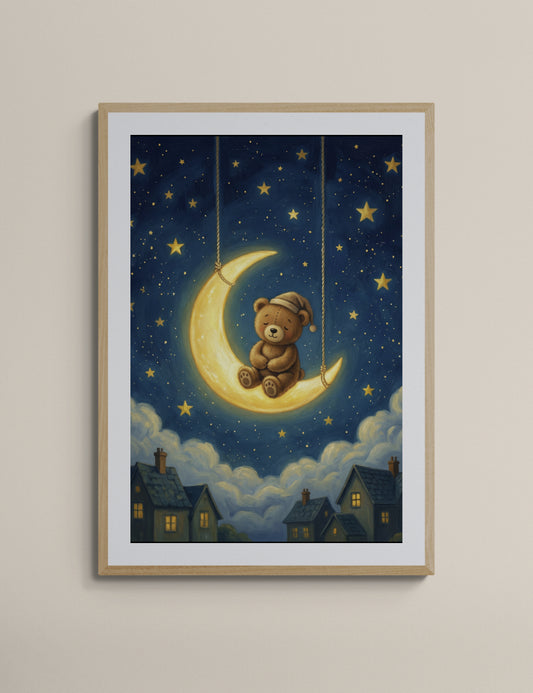 Sleepy Teddy on a Crescent Moon – Whimsical Celestial Night Sky Digital Illustration in Navy and Gold for Nursery Wall Art