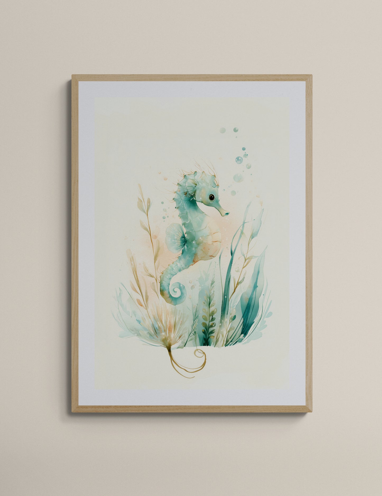 Whimsical Seahorse Watercolor Print in Soft Blue and Green – Calming Coastal Ocean Nursery Wall Art