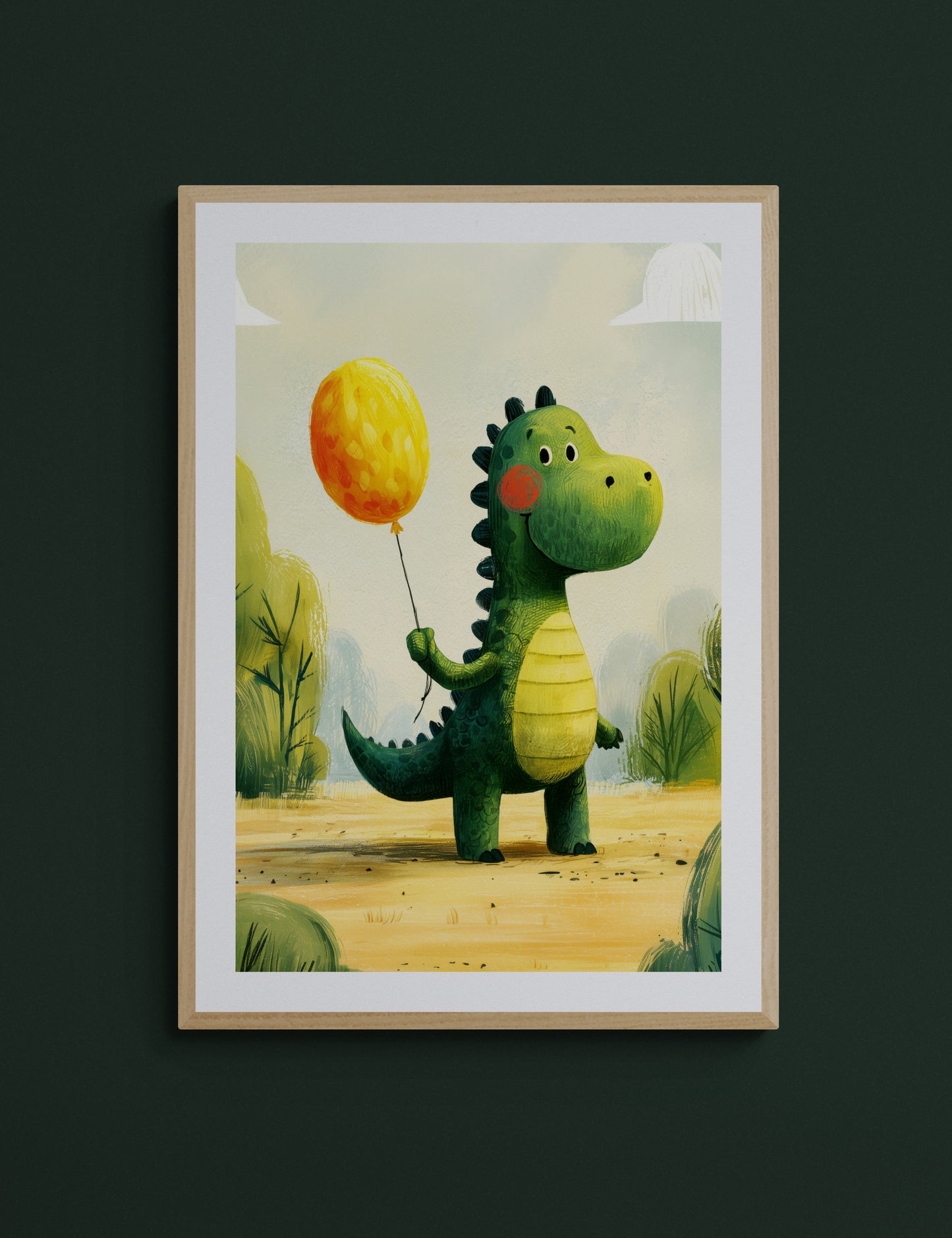 Cheerful Green Dinosaur with Yellow Balloon – Whimsical Nursery Illustration in Soft Greens and Sunshine Yellows