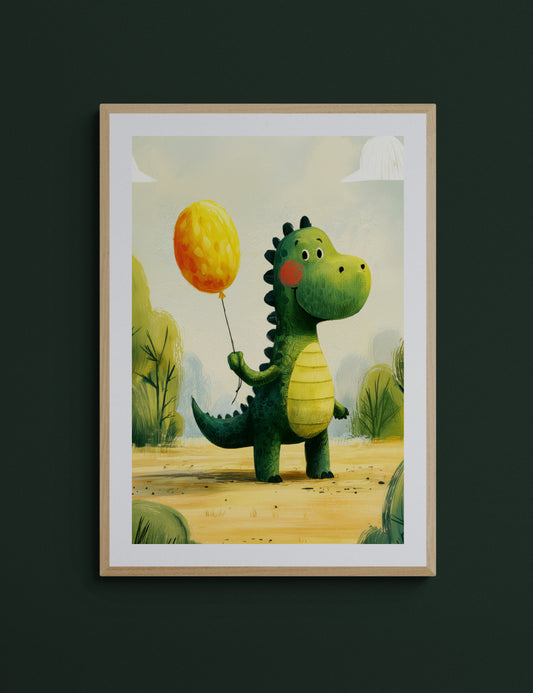 Cheerful Green Dinosaur with Yellow Balloon – Whimsical Nursery Illustration in Soft Greens and Sunshine Yellows