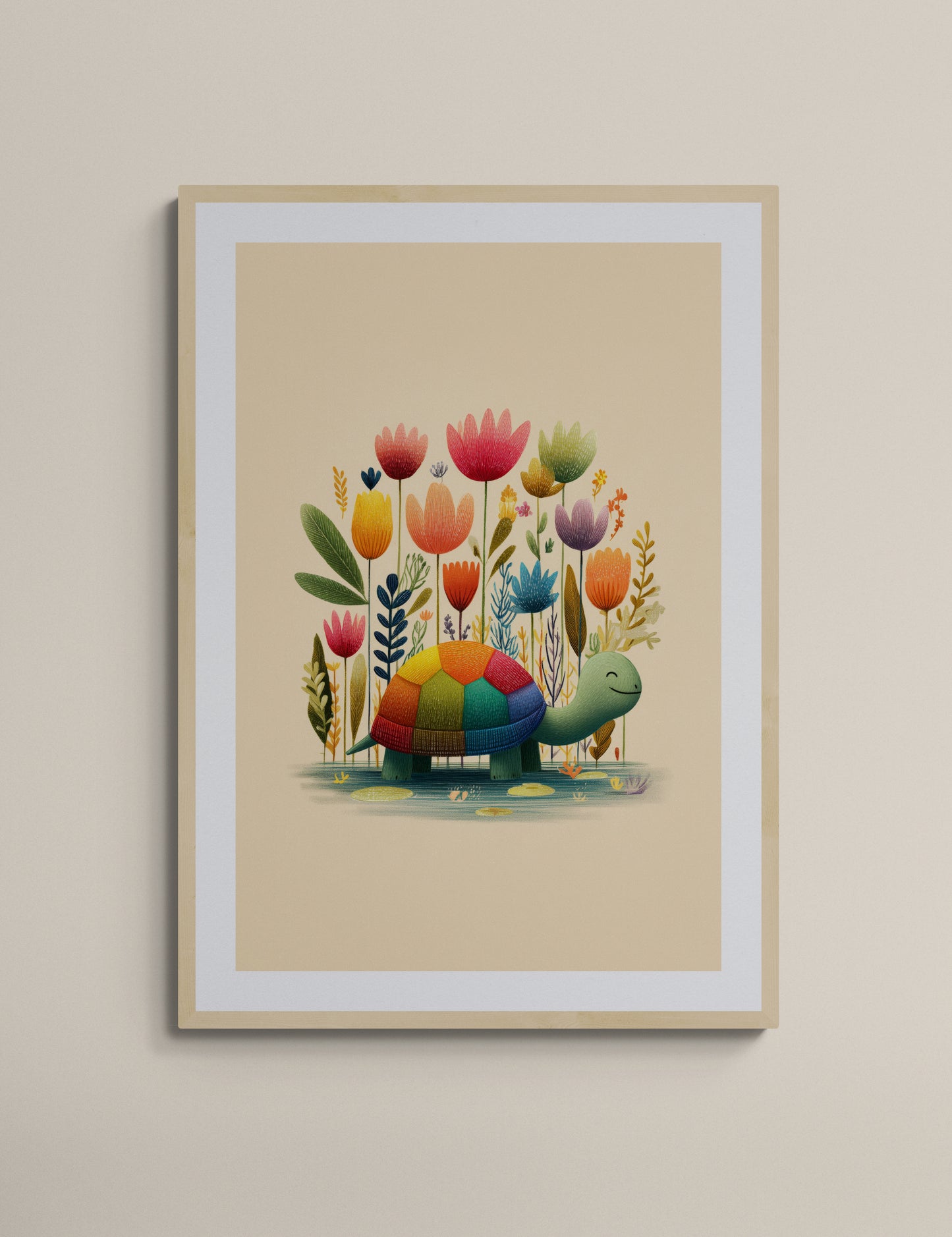 Rainbow Shell Turtle with Garden Flowers – Whimsical Nursery Wall Art Illustration on Beige