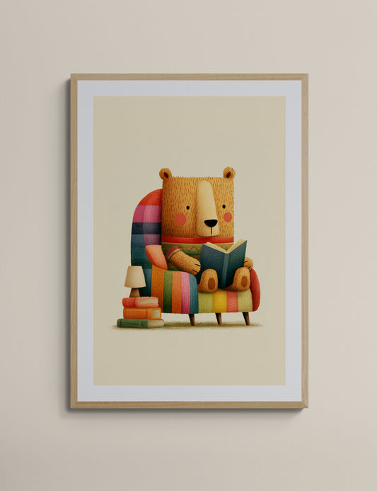 Cozy Reading Bear in Rainbow Stripe Armchair – Whimsical Nursery Animal Illustration Wall Art