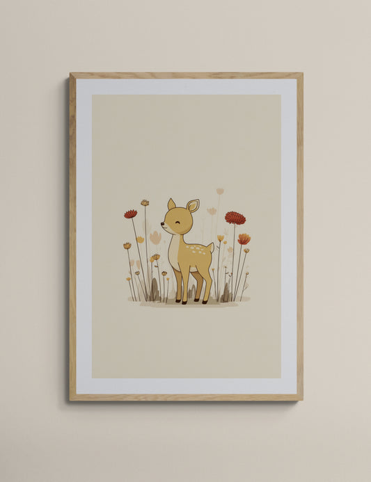 Fawn in Flower Field – Boho Nursery Wall Art | Minimal Baby Deer Floral Print for Kids Room