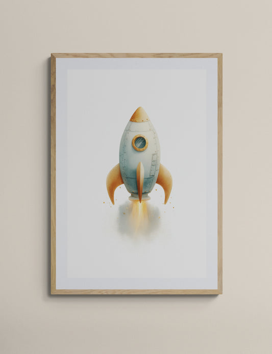 Watercolor Rocket Ship Nursery Wall Art Print, Space Theme Kids Room Decor
