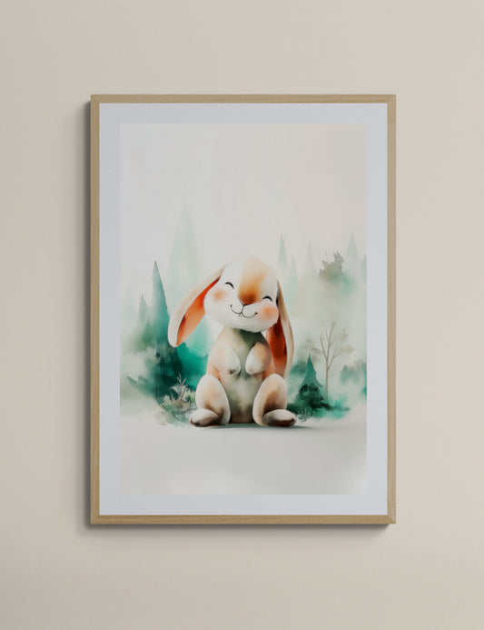 Smiling Woodland Bunny Watercolor – Whimsical Nursery Wall Art in Soft Green and Peach