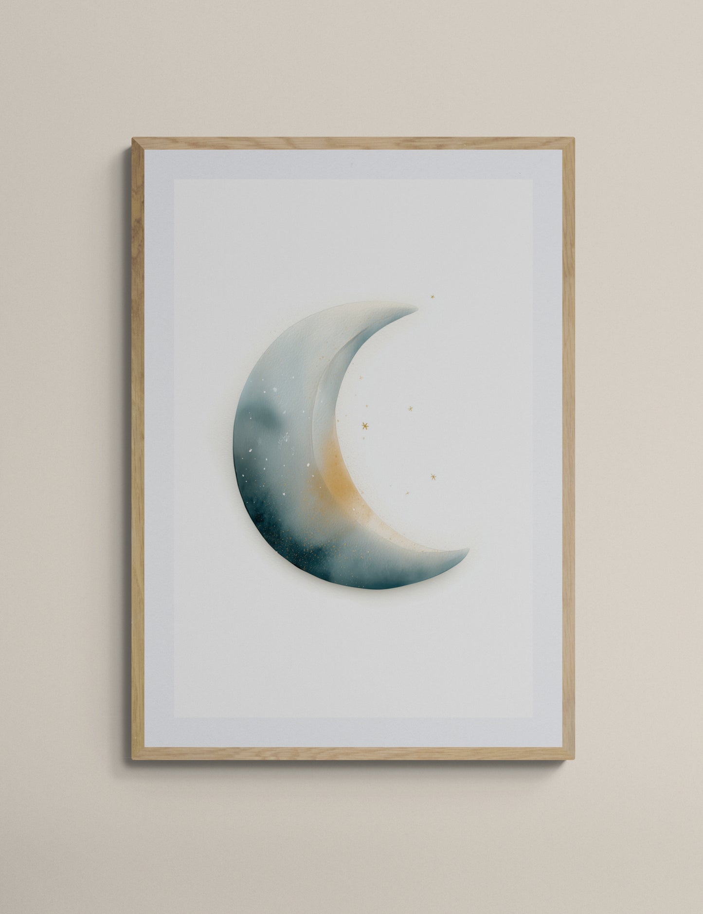 Watercolor Crescent Moon Nursery Wall Art Print, Neutral Teal Gold Stars, Minimal Baby Room Decor