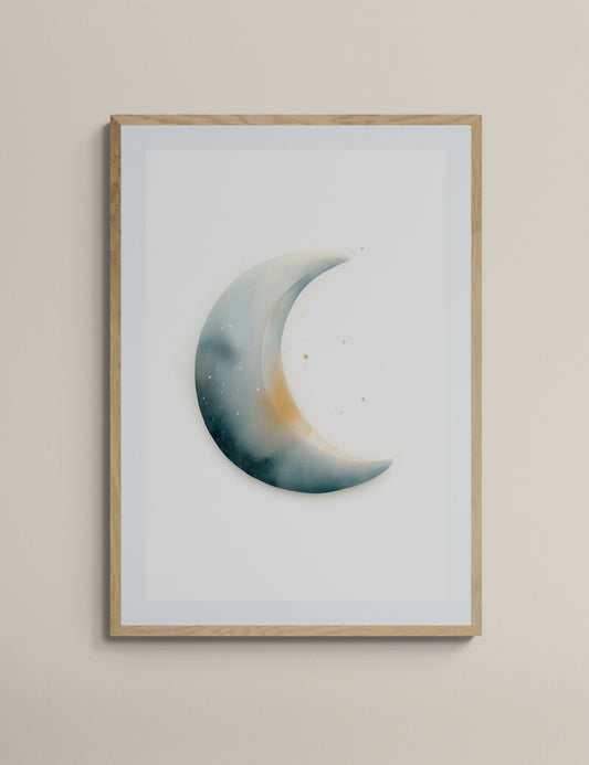 Watercolor Crescent Moon Nursery Wall Art Print, Neutral Teal Gold Stars, Minimal Baby Room Decor