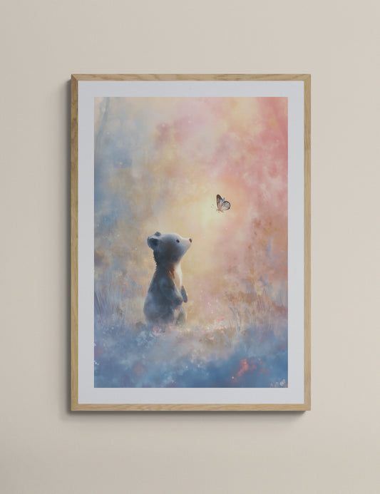 Little Bear and Butterfly Dreamscape – Whimsical Digital Watercolor Nursery Wall Art