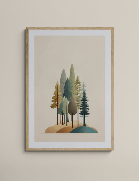 Minimal Woodland Trees Nursery Wall Art, Scandinavian Forest Print, Neutral Sage Teal Mustard Kids Room Decor