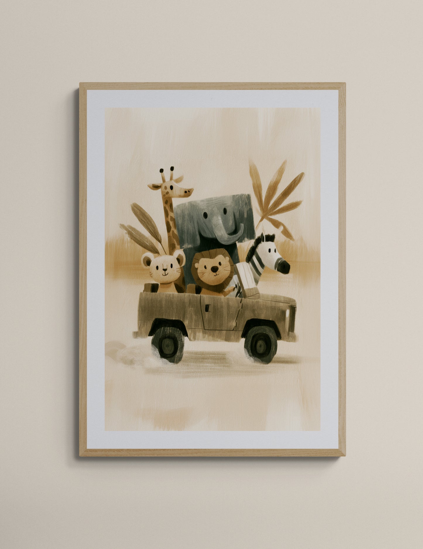 Safari Friends Road Trip – Whimsical Neutral Animal Illustration for Nursery Wall Art