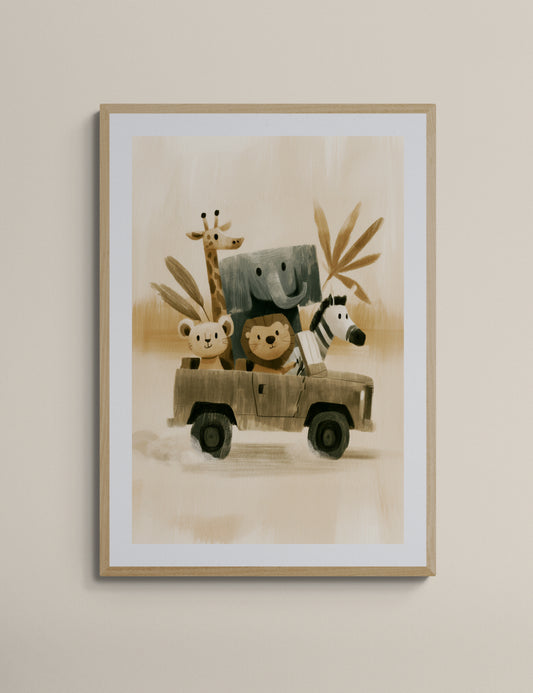 Safari Friends Road Trip – Whimsical Neutral Animal Illustration for Nursery Wall Art