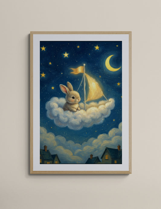 Dreamy Bunny Sailing a Cloud Under Moon and Stars - Whimsical Night Sky Digital Illustration Nursery Wall Art Print
