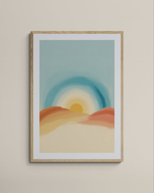 Pastel Sun Over Desert Hills Nursery Wall Art, Minimalist Boho Landscape Print for Kids Room Decor