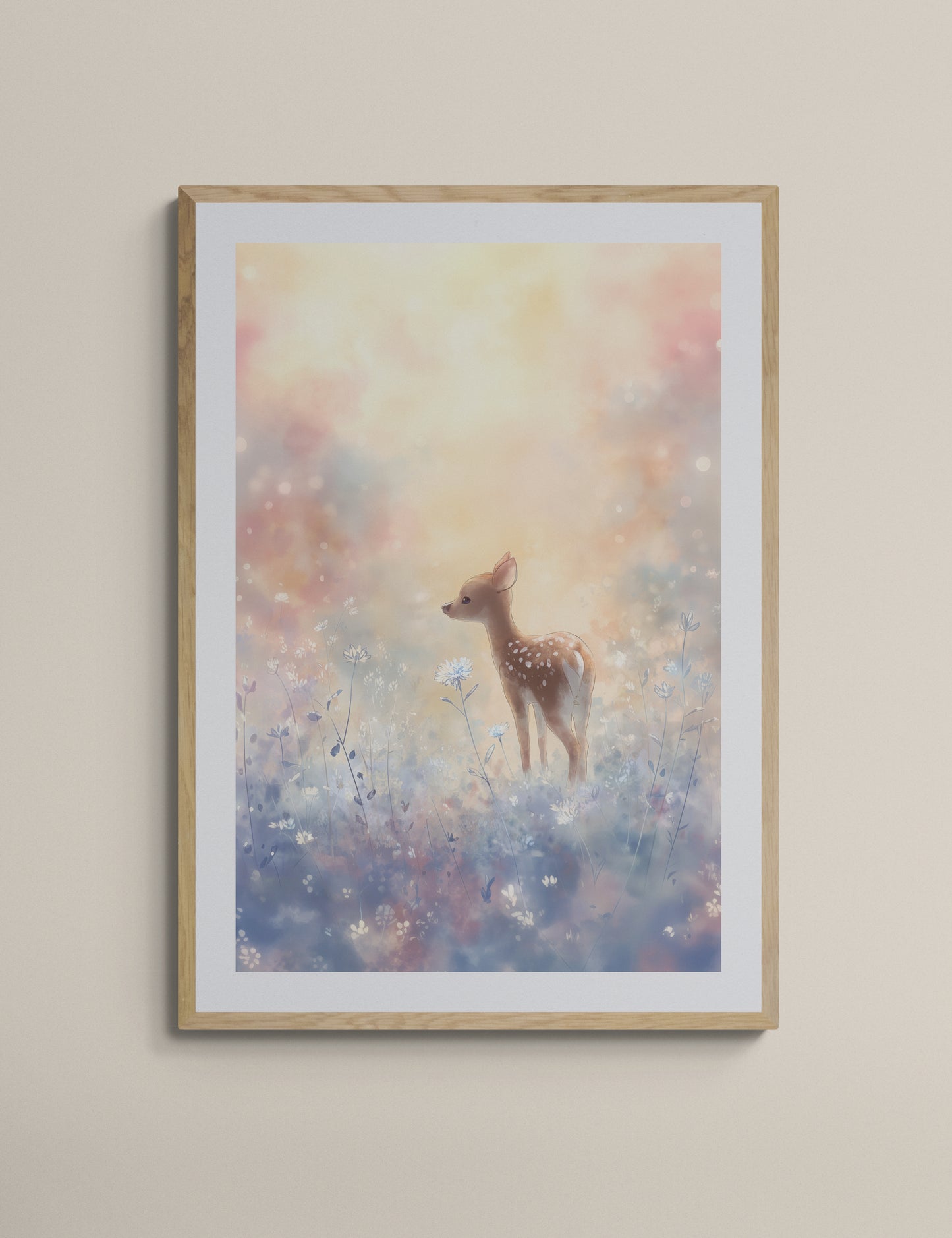 Dreamy Fawn in a Wildflower Meadow – Soft Pastel Digital Watercolor Nursery Art Print