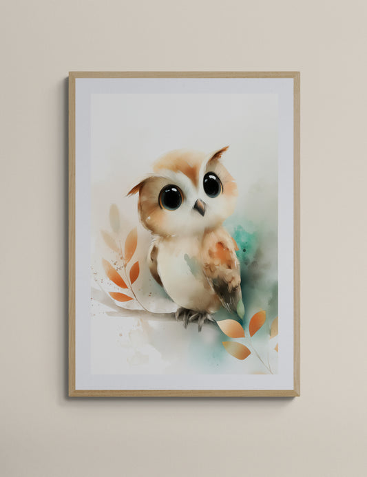 Whimsical Baby Owl Watercolor Art Print – Woodland Nursery Wall Art in Soft Beige, Teal, and Orange