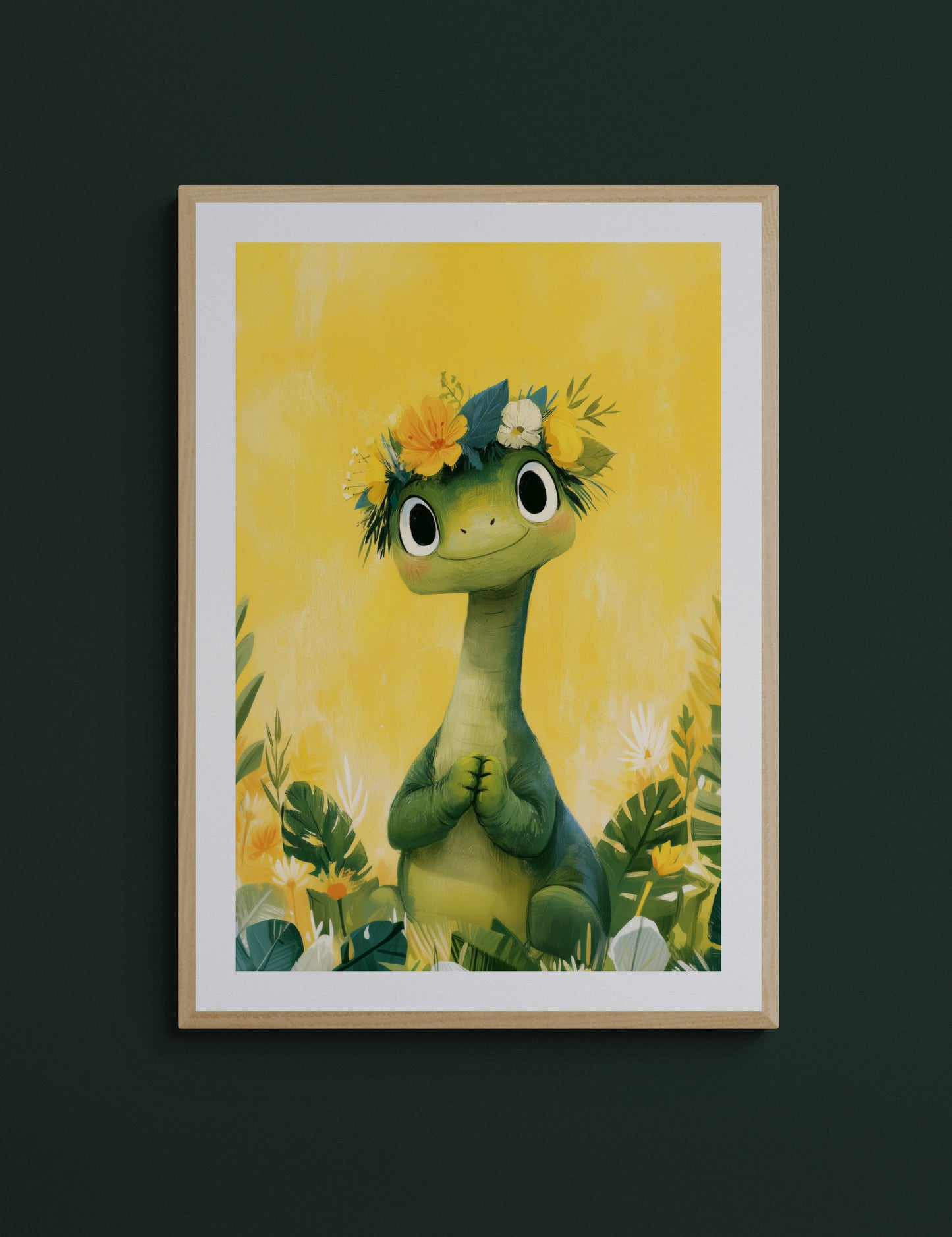 Smiling Dinosaur with Flower Crown on Sunny Yellow - Whimsical Green Nursery Illustration