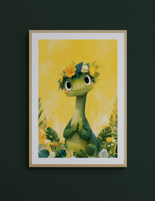 Smiling Dinosaur with Flower Crown on Sunny Yellow - Whimsical Green Nursery Illustration