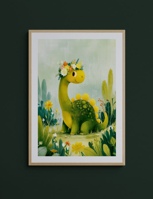Smiling Dinosaur with Flower Crown in Wildflower Meadow - Whimsical Green and Yellow Nursery Wall Art Illustration