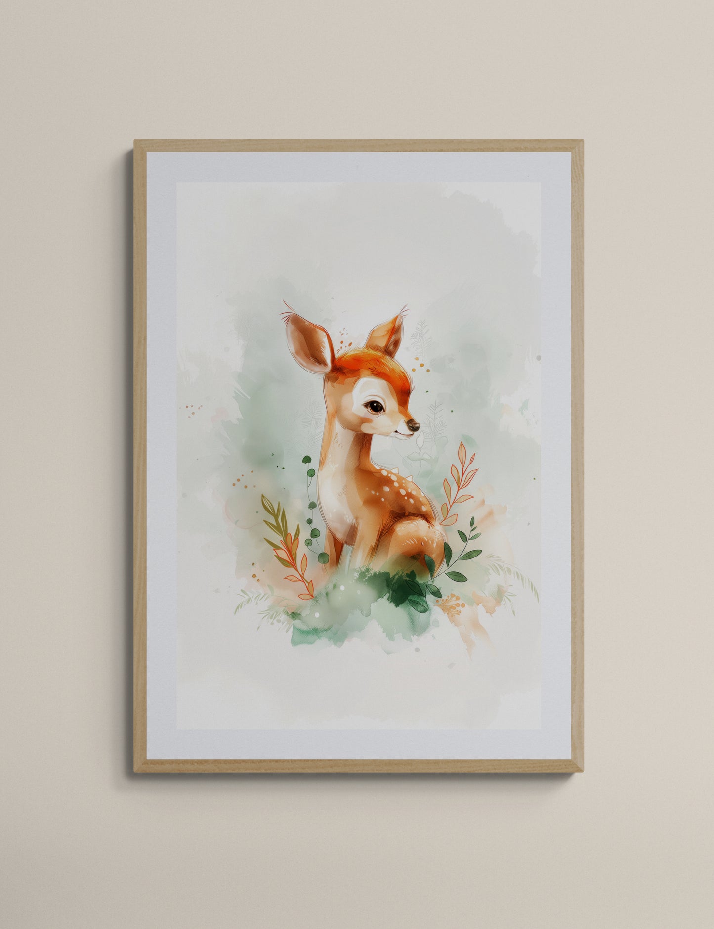 Whimsical Woodland Fawn Watercolor Print – Gentle Baby Deer Nursery Wall Art in Soft Greens and Warm Browns