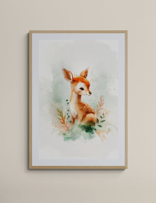 Whimsical Woodland Fawn Watercolor Print – Gentle Baby Deer Nursery Wall Art in Soft Greens and Warm Browns