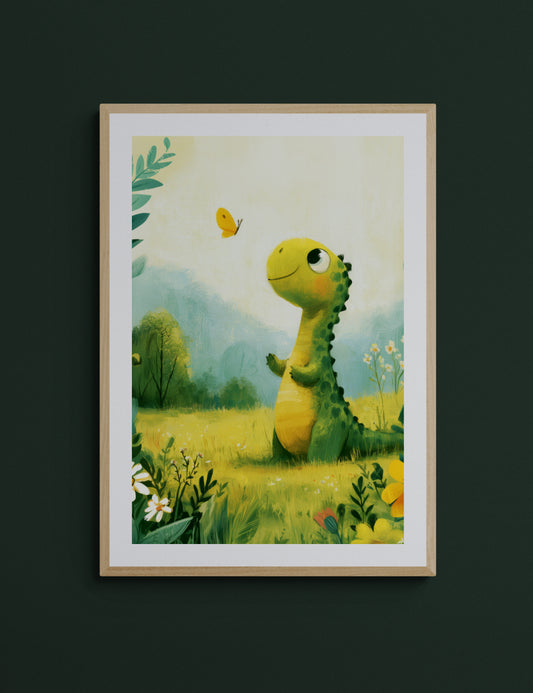Whimsical Baby Dinosaur and Butterfly in a Sunny Meadow – Playful Green and Yellow Illustrative Nursery Wall Art Print