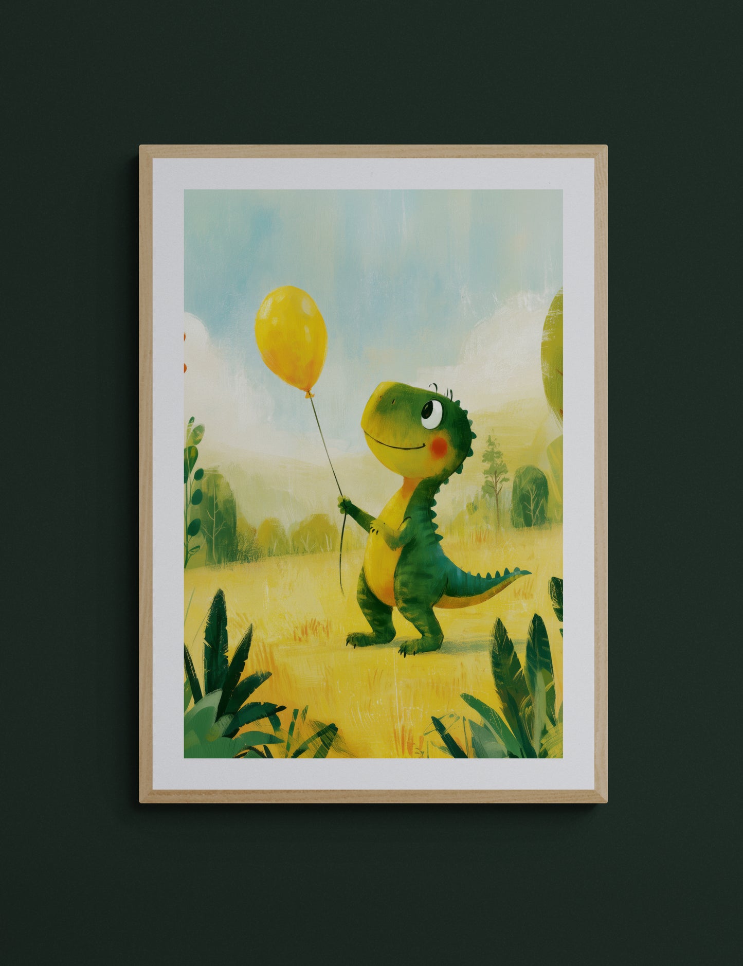 Smiling Dinosaur with Yellow Balloon in a Sunny Meadow – Whimsical Green Dino Illustration for Nursery and Kids Room