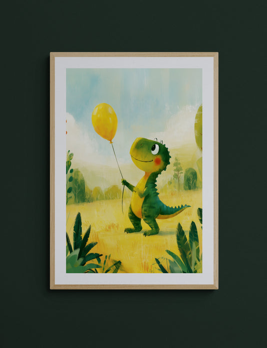 Smiling Dinosaur with Yellow Balloon in a Sunny Meadow – Whimsical Green Dino Illustration for Nursery and Kids Room