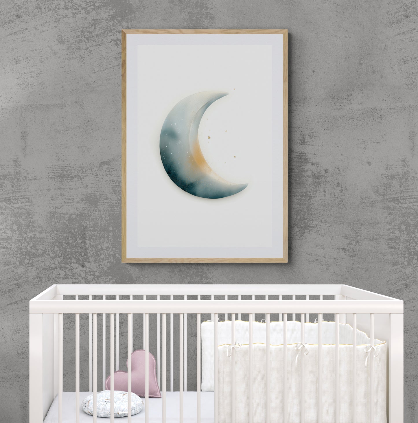 Watercolor Crescent Moon Nursery Wall Art Print, Neutral Teal Gold Stars, Minimal Baby Room Decor