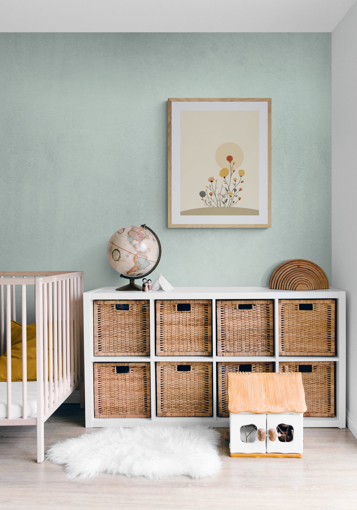 Blooming Florals & Sun – Boho Nursery Wall Art | Minimal Floral Sun Print for Kids Room