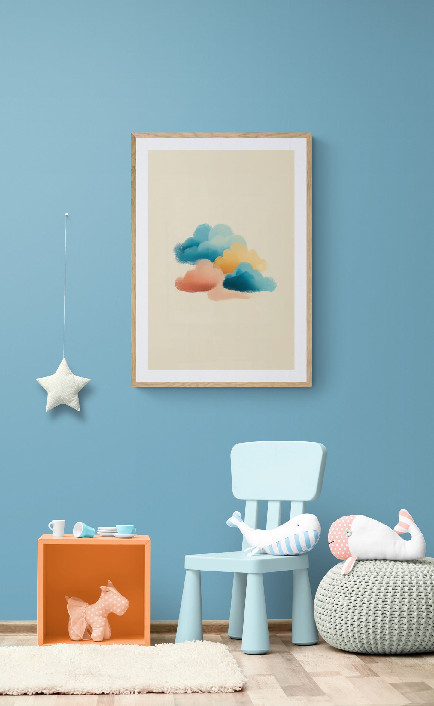 Colorful Cloud Nursery Wall Art Print, Teal Peach Yellow Brushstroke Sky, Modern Kids Room & Playroom Decor