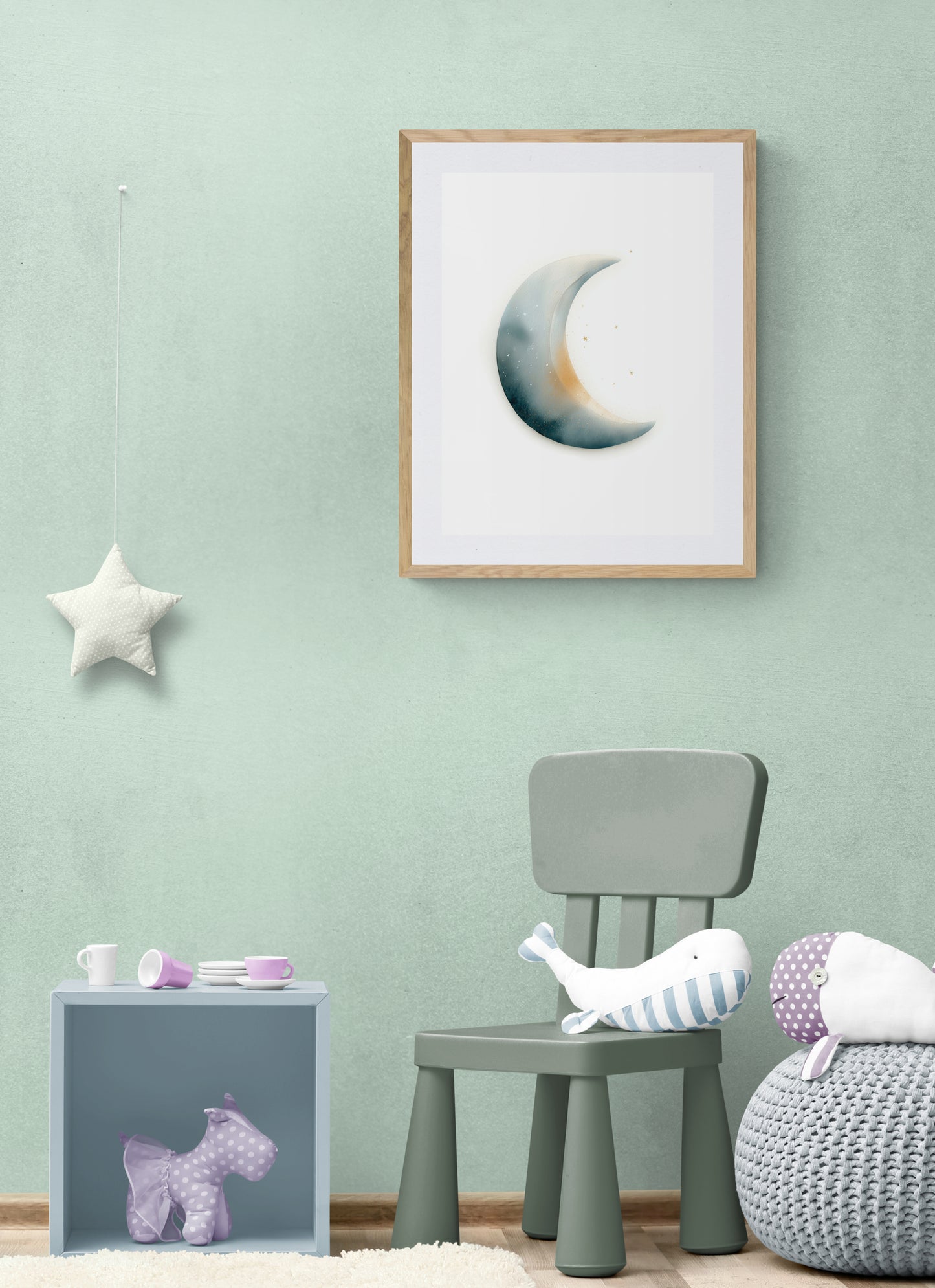 Watercolor Crescent Moon Nursery Wall Art Print, Neutral Teal Gold Stars, Minimal Baby Room Decor