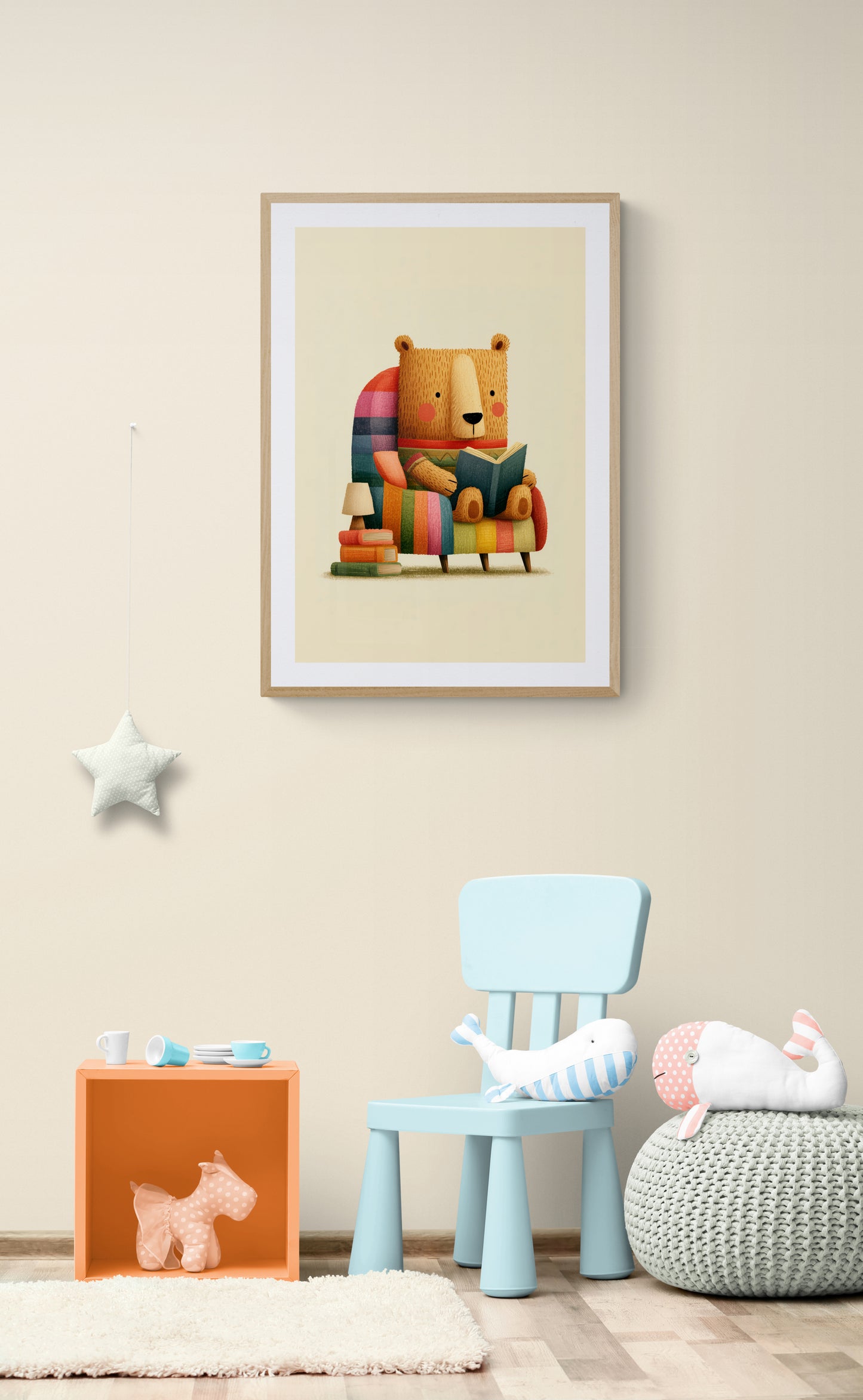 Cozy Reading Bear in Rainbow Stripe Armchair – Whimsical Nursery Animal Illustration Wall Art