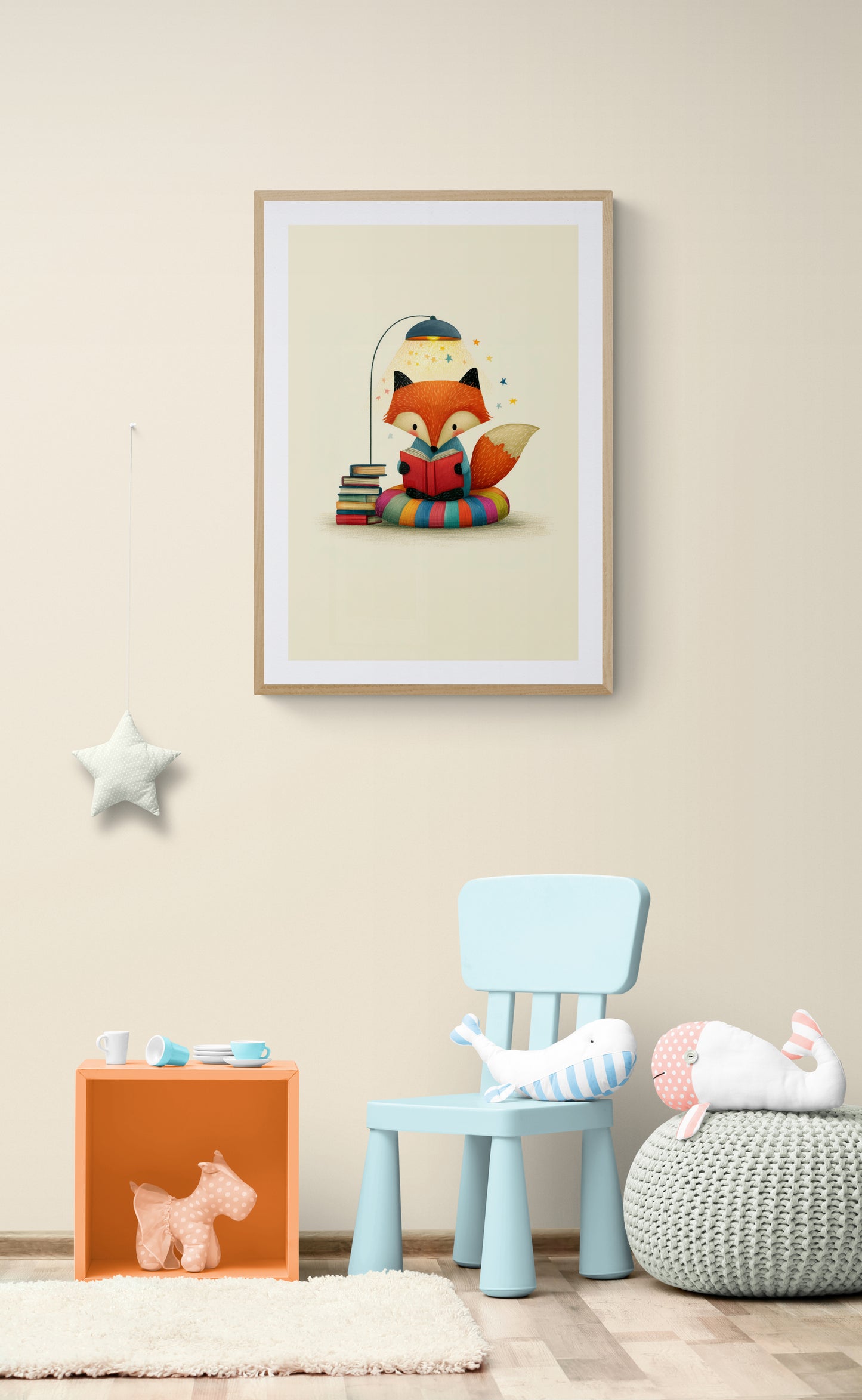 Reading Fox Under Cozy Lamp Whimsical Animal Illustration for Nursery and Kids Room