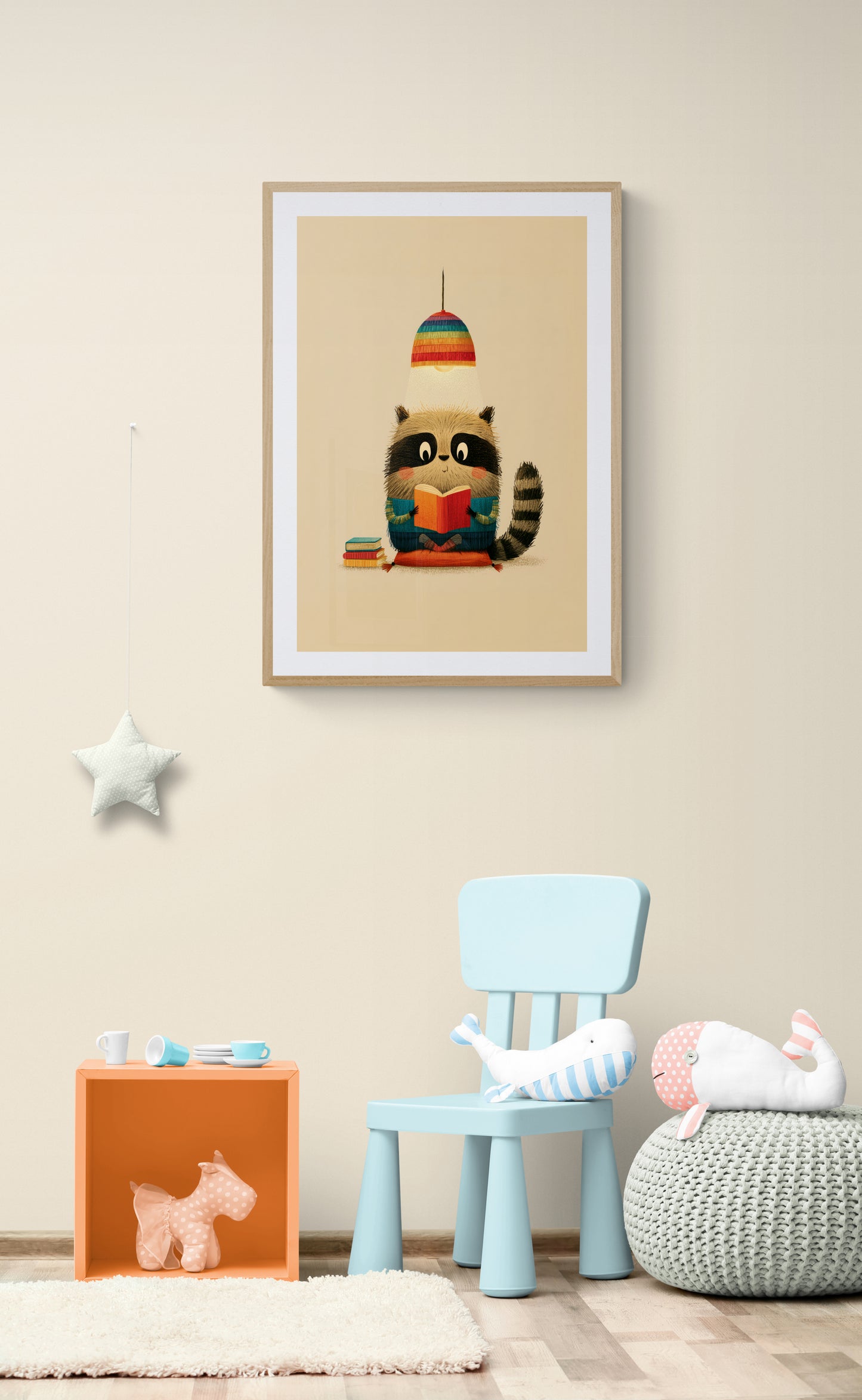 Reading Raccoon Under Rainbow Lamp – Whimsical Woodland Nursery Illustration in Cozy Beige and Blue
