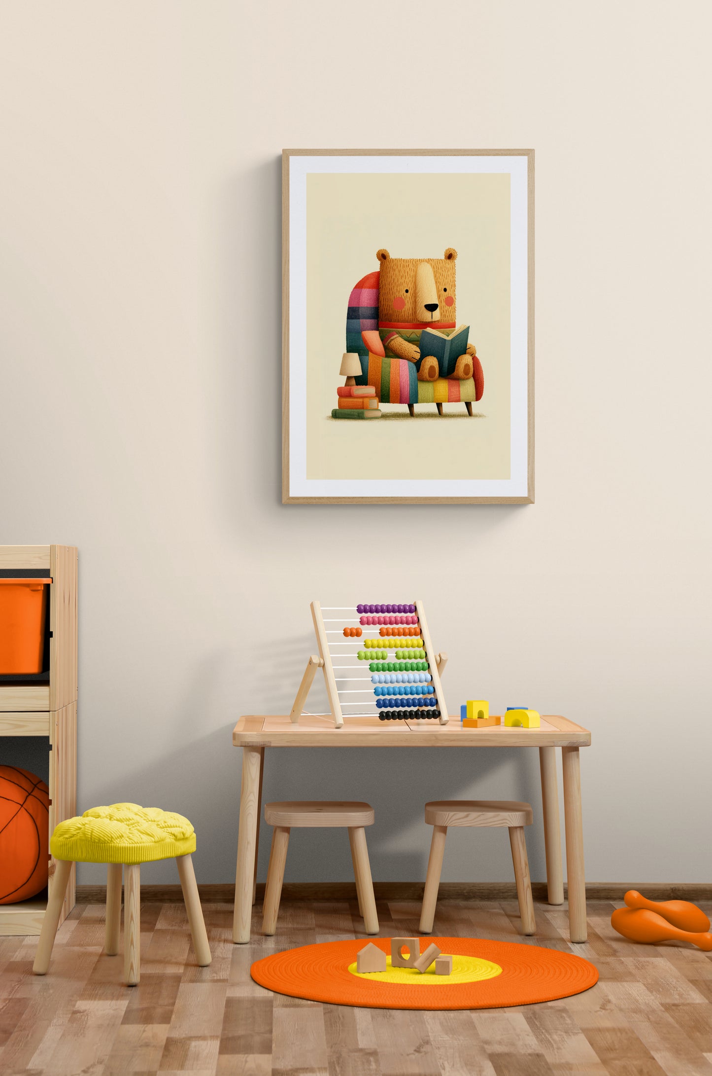 Cozy Reading Bear in Rainbow Stripe Armchair – Whimsical Nursery Animal Illustration Wall Art