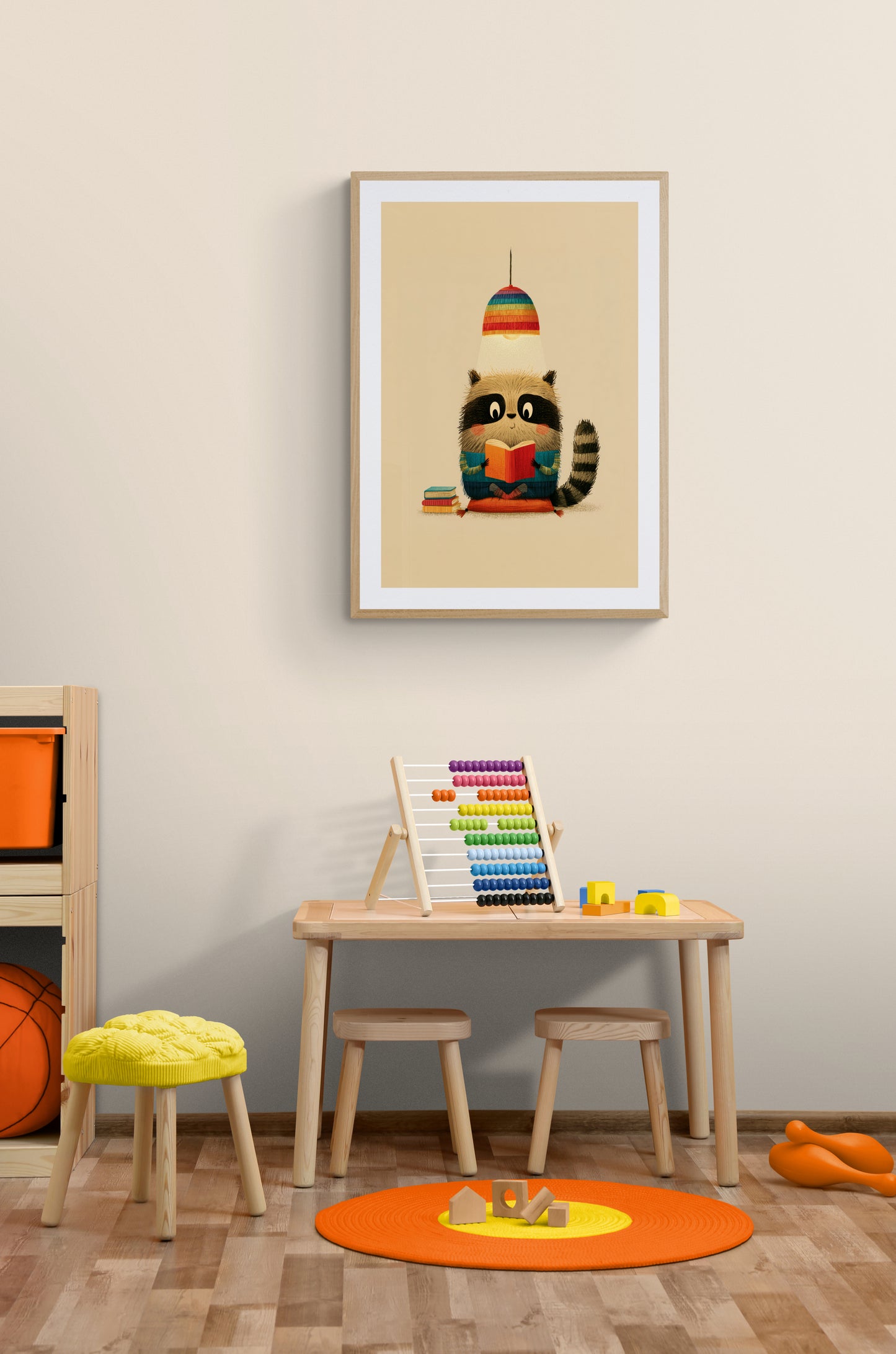 Reading Raccoon Under Rainbow Lamp – Whimsical Woodland Nursery Illustration in Cozy Beige and Blue
