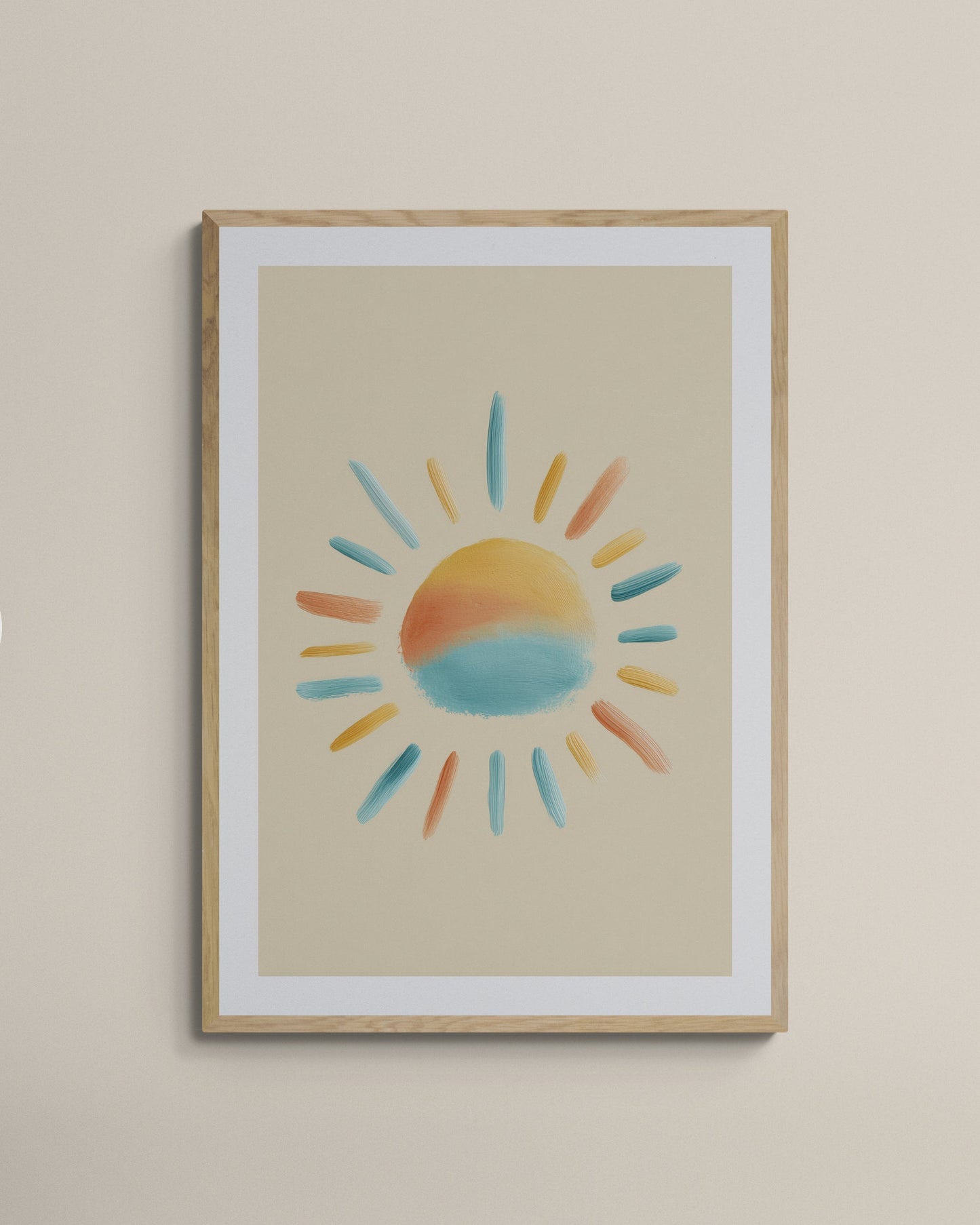 Framed artwork of a colorful sun on a beige wall