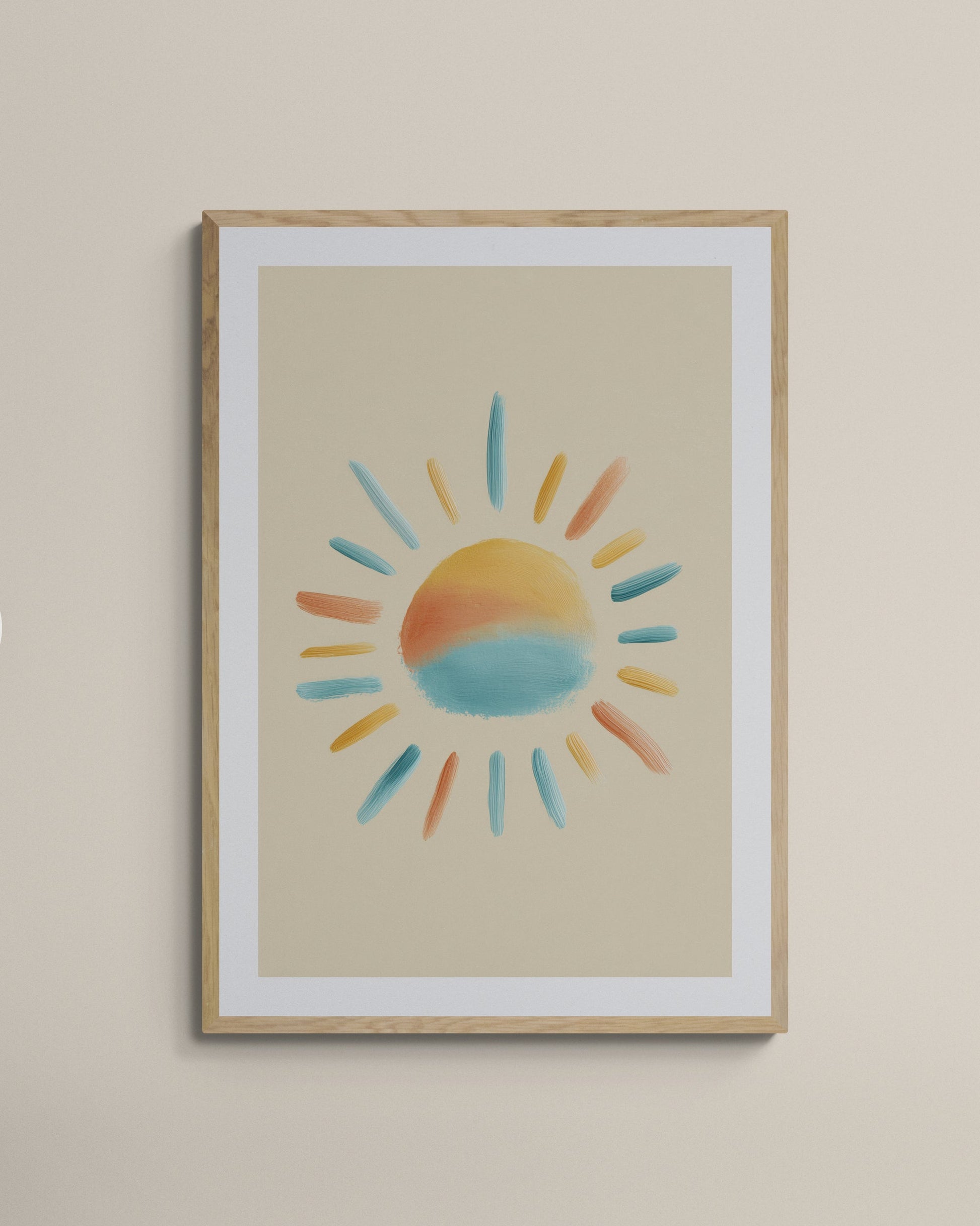 Framed artwork of a colorful sun on a beige wall