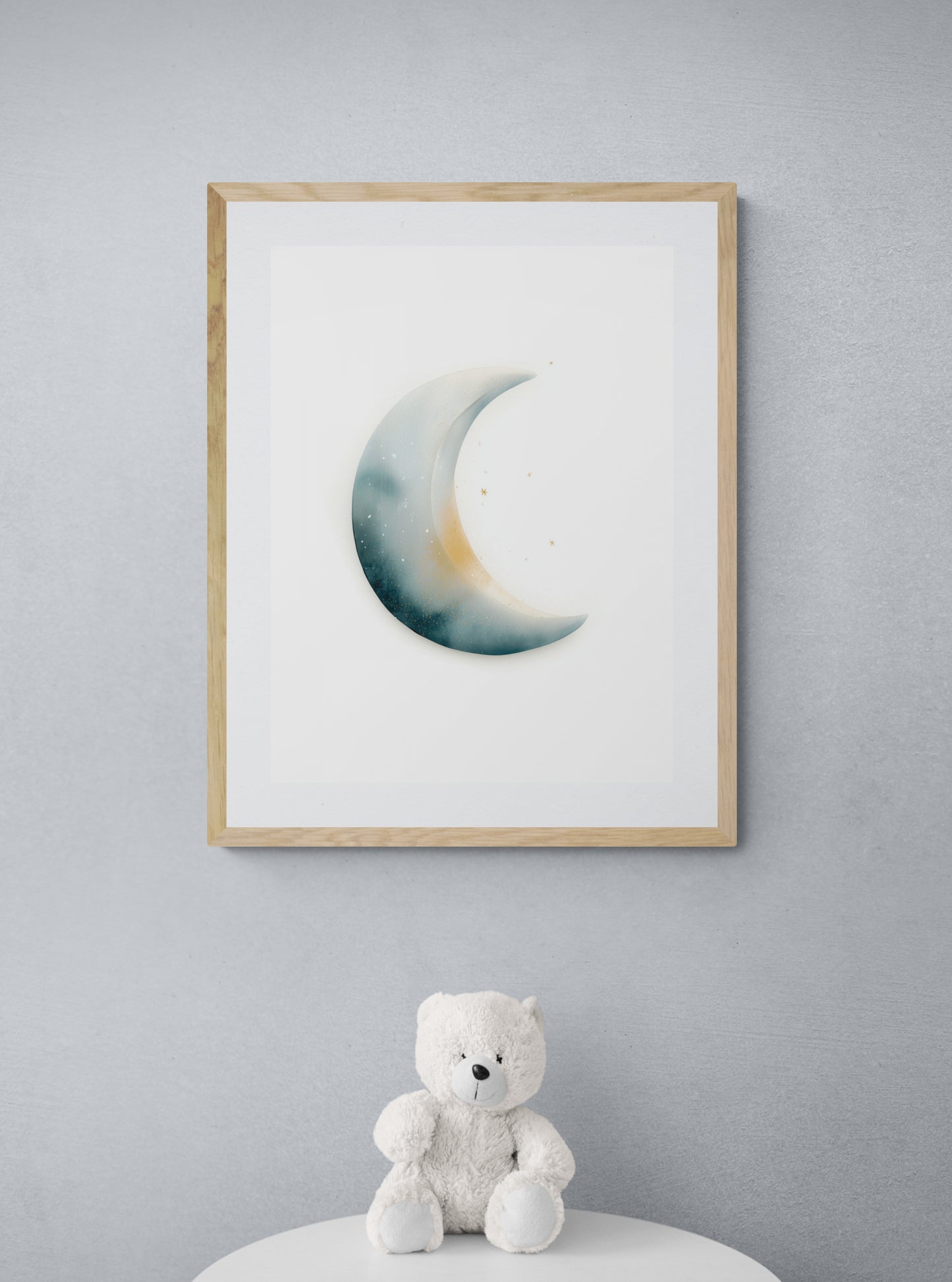 Watercolor Crescent Moon Nursery Wall Art Print, Neutral Teal Gold Stars, Minimal Baby Room Decor